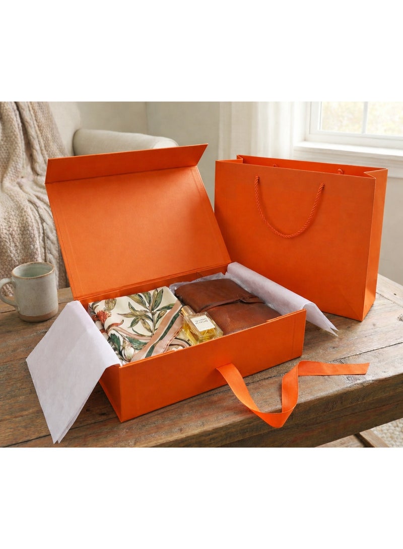 Orange Gift Box With Gift Bag 32x20x10cm Large laminated luxury Gift box hermes orange Gift Boxes Magnetic Closure with Ribbon with Foldable Lid boxes for Women Wedding bridal Gifts Birthday Wedding Gifts Packaging - view 5